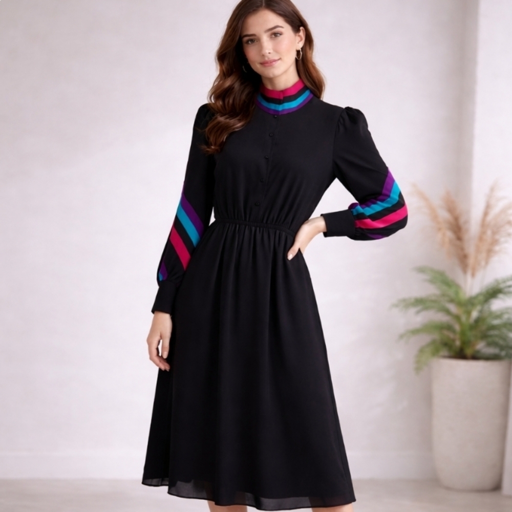 Benee | Vintage Black Semi-Sheer Midi Dress | Red & Turquoise Accent Collar